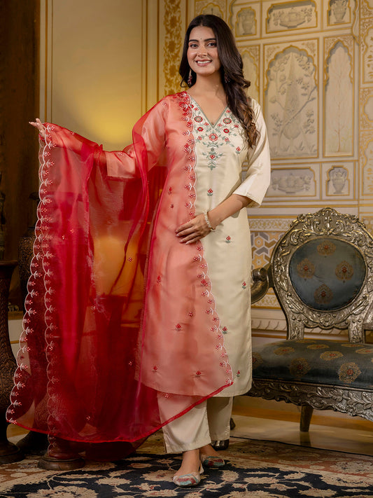 Dhiyona VV Women's Embroidered Silk Blend Calf Length Straight Kurta Trouser with Dupatta Set