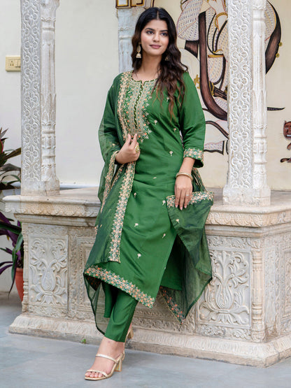Dhiyona VV Women's Embroidered Silk Blend Calf Length Straight Kurta Trouser with Dupatta Set