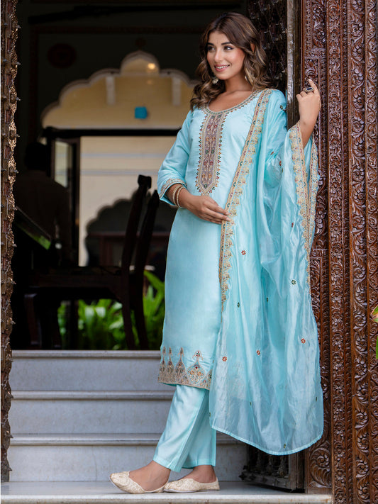 Dhiyona VV Women's Embroidered Silk Blend Calf Length Straight Kurta Trouser with Dupatta Set