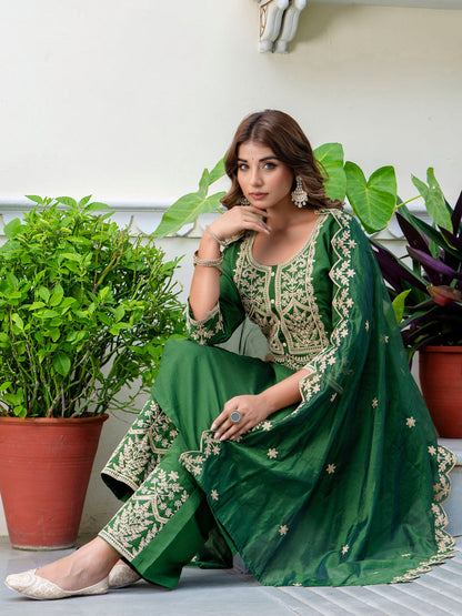 Dhiyona VV Women's Embroidered Silk Blend Calf Length Straight Kurta with Palazzo & Dupatta Set