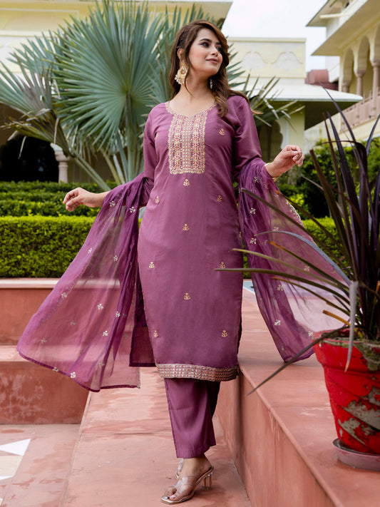 Dhiyona VV Women's Embroidered Silk Blend Calf Length Straight Kurta with Palazzo & Dupatta Set