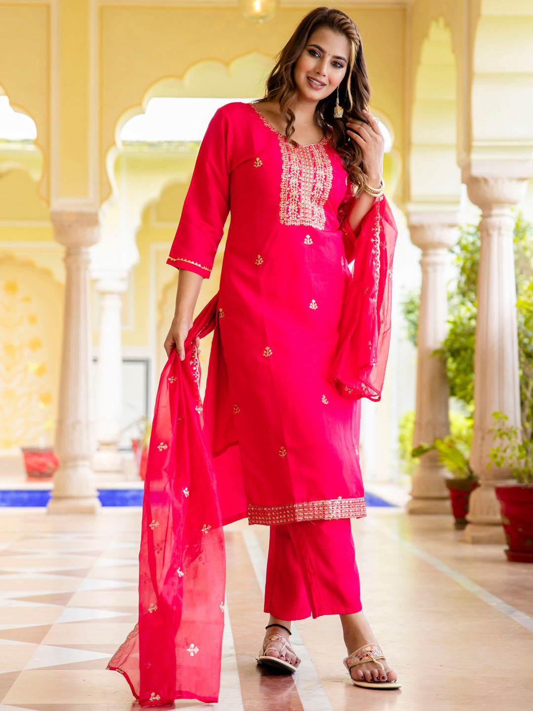 Dhiyona VV Women's Embroidered Silk Blend Calf Length Straight Kurta with Palazzo & Dupatta Set