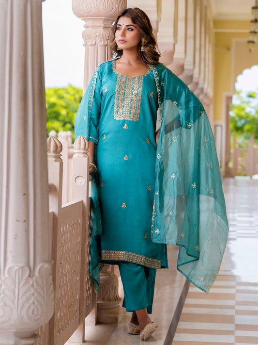 Dhiyona VV Women's Embroidered Silk Blend Calf Length Straight Kurta with Palazzo & Dupatta Set