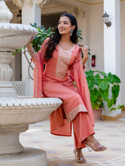 Dhiyona VV Women's Embroidered Silk Blend Calf Length Straight Kurta with Palazzo & Dupatta Set