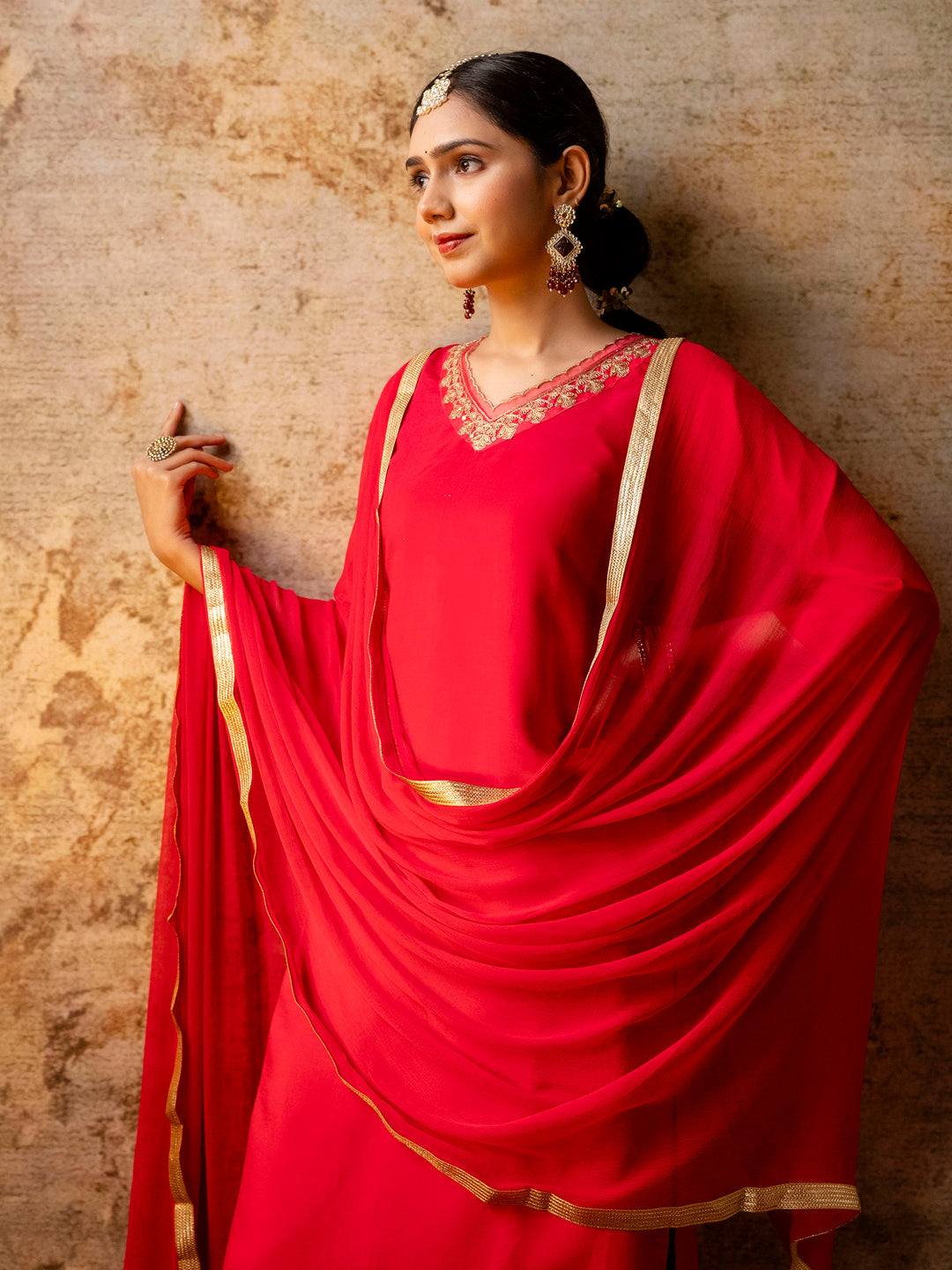 Dhiyona VV Women's Embroidered Silk Blend Calf Length Straight Kurta with Palazzo & Dupatta Set