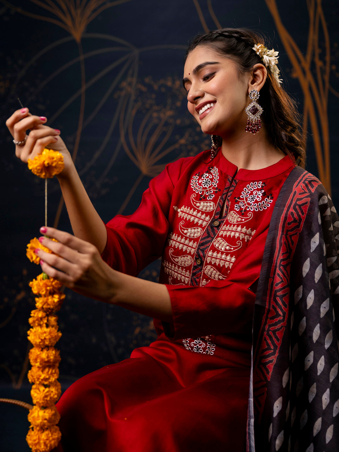 Dhiyona VV Women's Embroidered Silk Blend Calf Length Straight Kurta Trouser with Dupatta Set