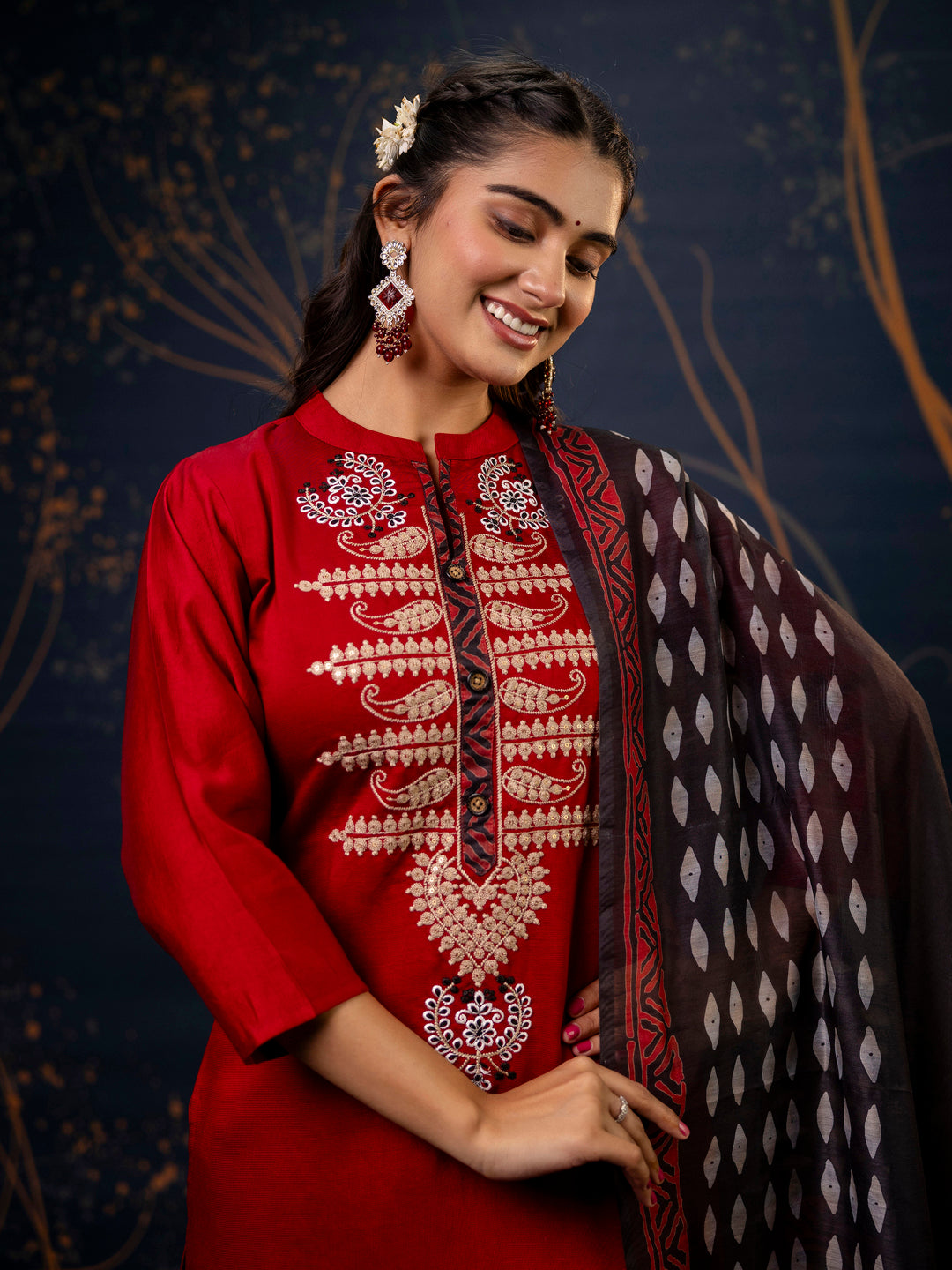 Dhiyona VV Women's Embroidered Silk Blend Calf Length Straight Kurta Trouser with Dupatta Set