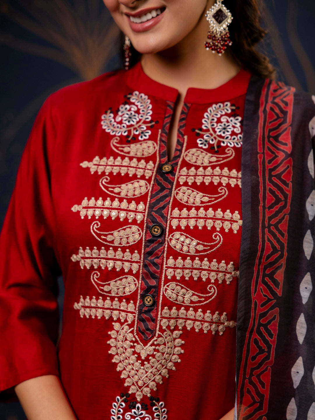 Dhiyona VV Women's Embroidered Silk Blend Calf Length Straight Kurta Trouser with Dupatta Set