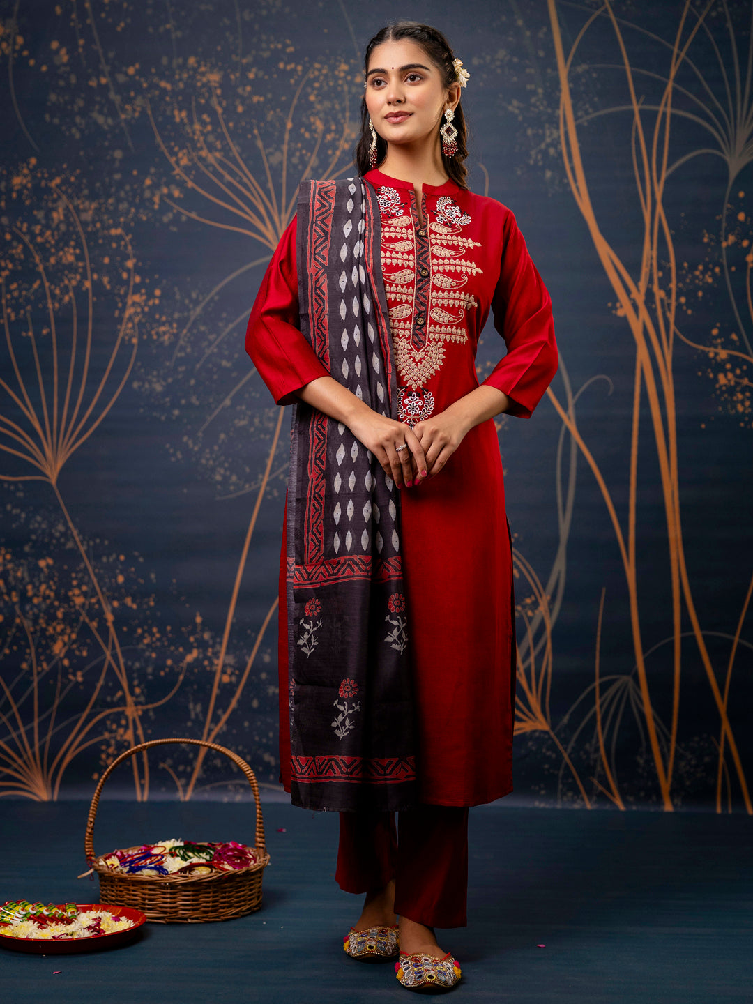 Dhiyona VV Women's Embroidered Silk Blend Calf Length Straight Kurta Trouser with Dupatta Set