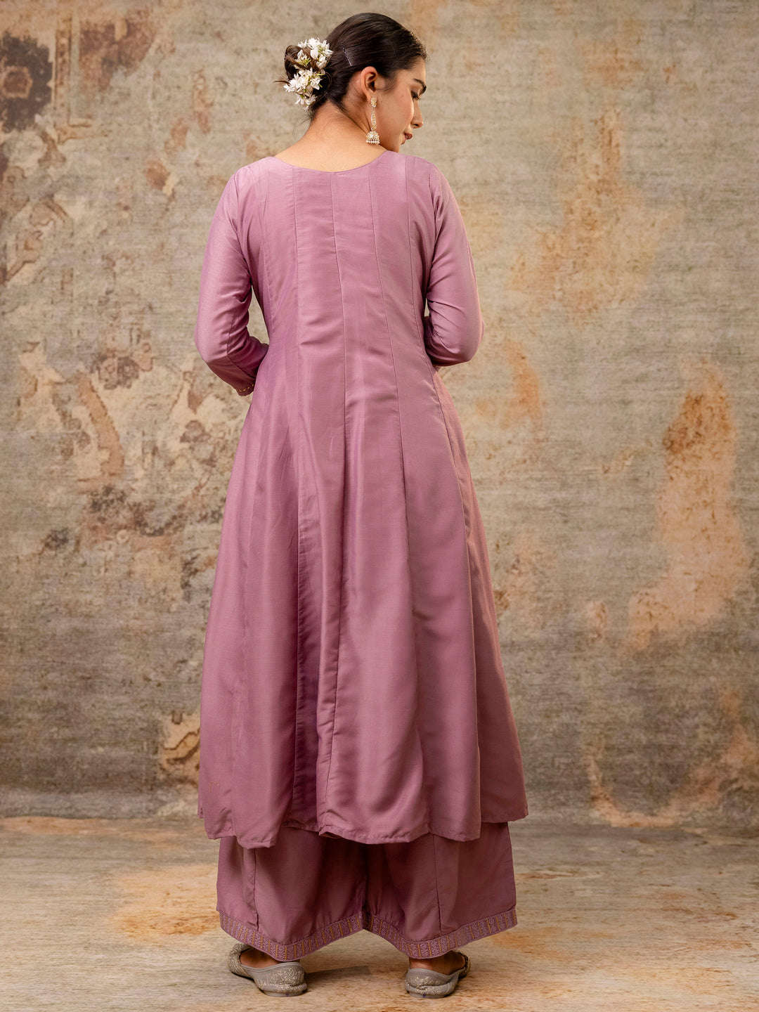 Dhiyona VV Women's Embroidered Silk Blend Calf Length Flare Kurta with Palazzo & Dupatta Set