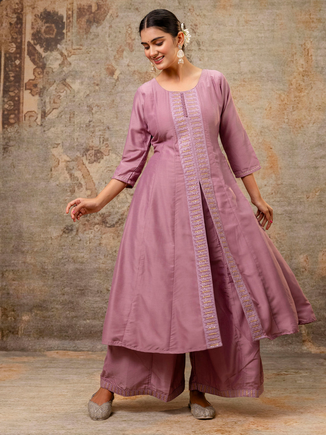 Dhiyona VV Women's Embroidered Silk Blend Calf Length Flare Kurta with Palazzo & Dupatta Set