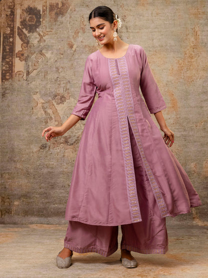 Dhiyona VV Women's Embroidered Silk Blend Calf Length Flare Kurta with Palazzo & Dupatta Set