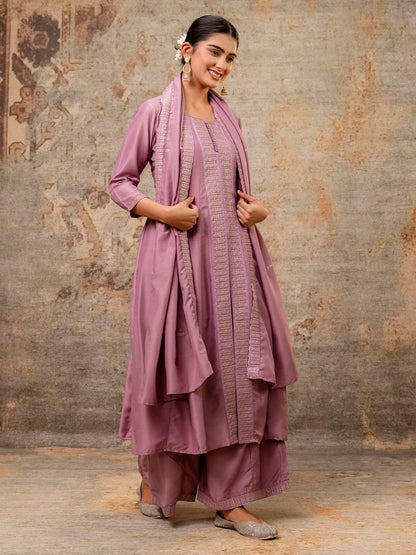 Dhiyona VV Women's Embroidered Silk Blend Calf Length Flare Kurta with Palazzo & Dupatta Set