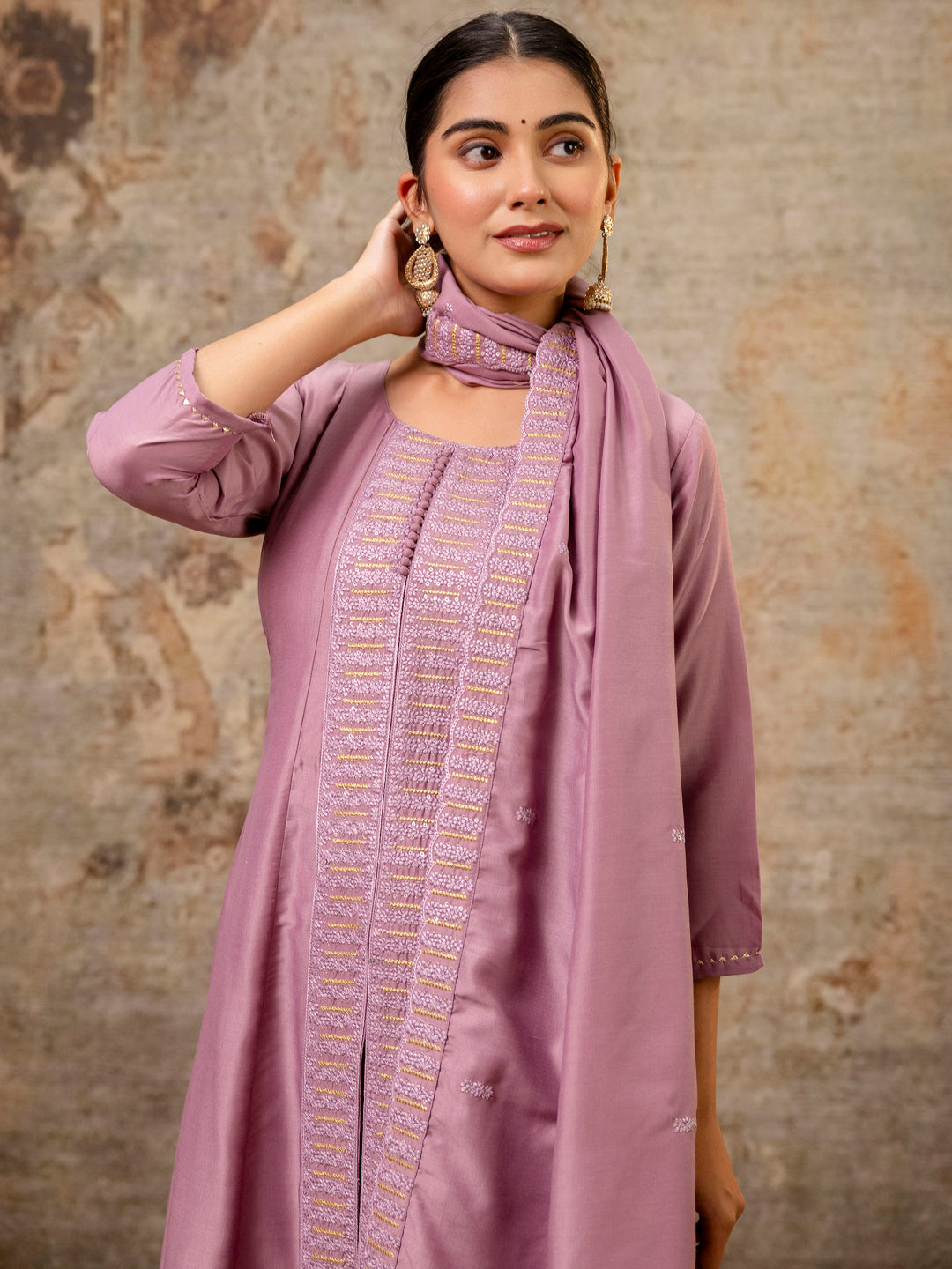 Dhiyona VV Women's Embroidered Silk Blend Calf Length Flare Kurta with Palazzo & Dupatta Set