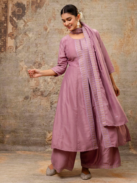 Dhiyona VV Women's Embroidered Silk Blend Calf Length Flare Kurta with Palazzo & Dupatta Set