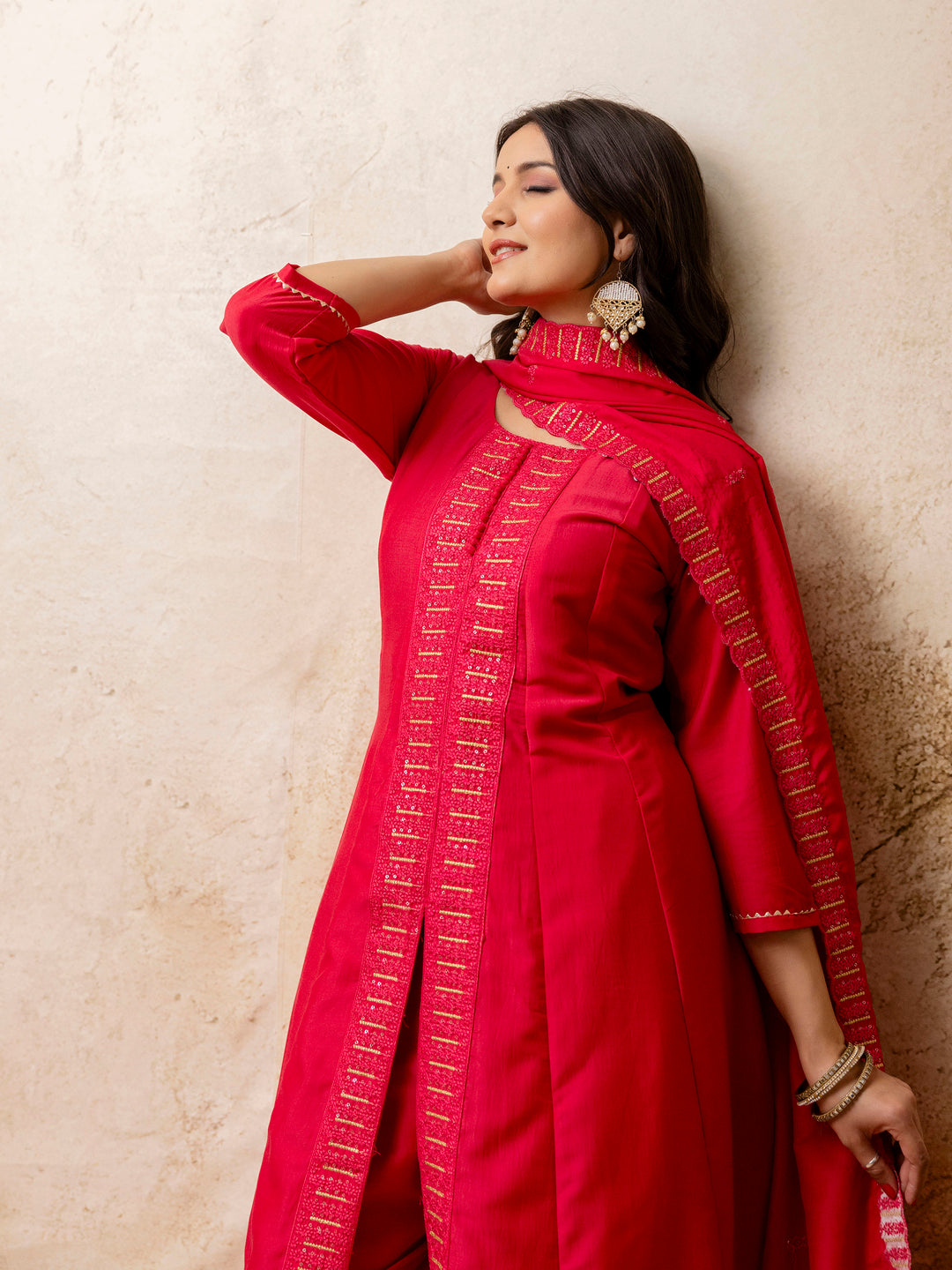 Dhiyona VV Women's Embroidered Silk Blend Calf Length Flare Kurta with Palazzo & Dupatta Set