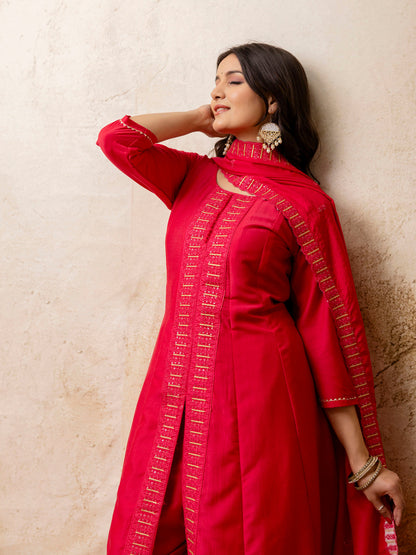 Dhiyona VV Women's Embroidered Silk Blend Calf Length Flare Kurta with Palazzo & Dupatta Set