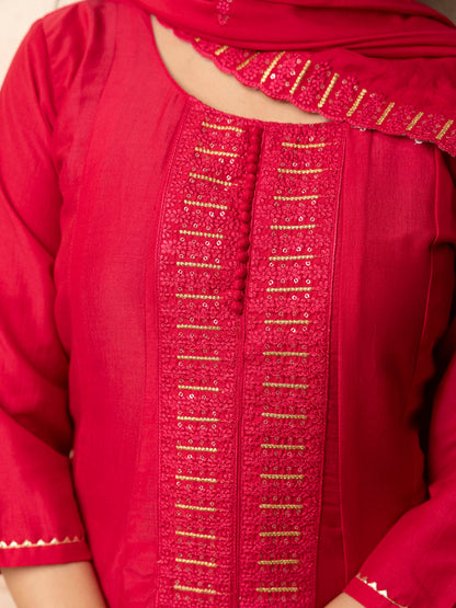 Dhiyona VV Women's Embroidered Silk Blend Calf Length Flare Kurta with Palazzo & Dupatta Set