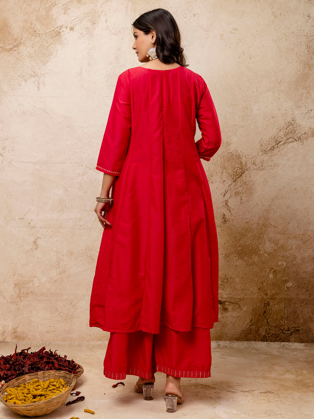 Dhiyona VV Women's Embroidered Silk Blend Calf Length Flare Kurta with Palazzo & Dupatta Set