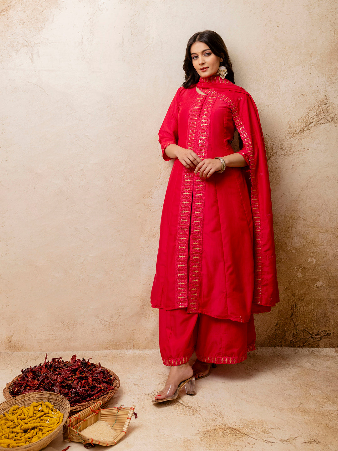 Dhiyona VV Women's Embroidered Silk Blend Calf Length Flare Kurta with Palazzo & Dupatta Set