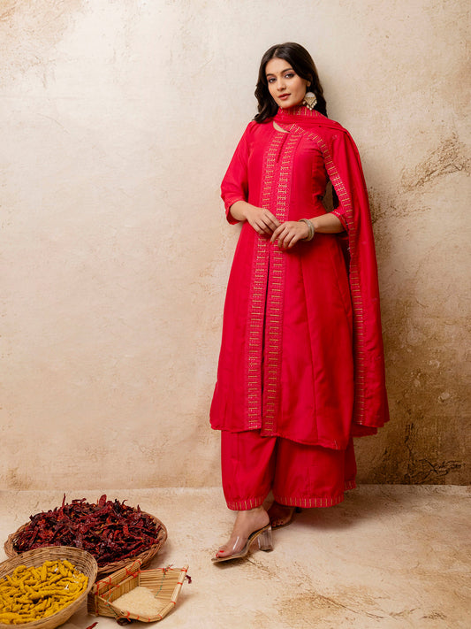 Dhiyona VV Women's Embroidered Silk Blend Calf Length Flare Kurta with Palazzo & Dupatta Set