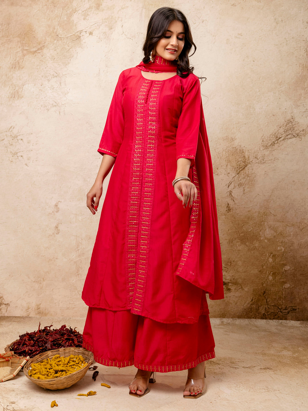 Dhiyona VV Women's Embroidered Silk Blend Calf Length Flare Kurta with Palazzo & Dupatta Set
