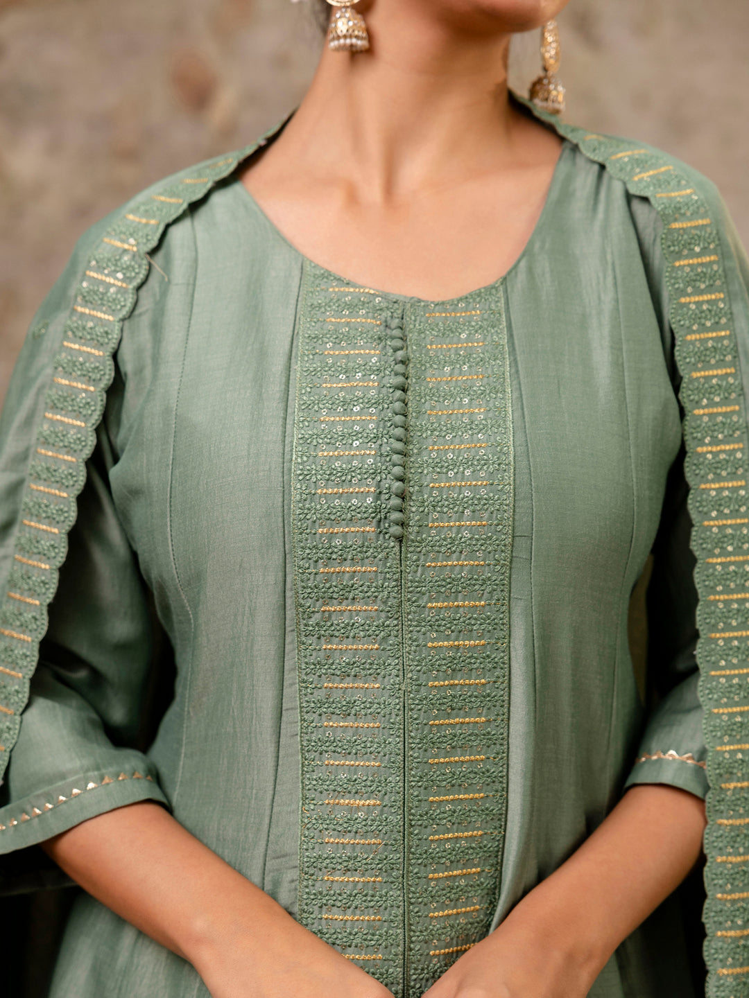 Dhiyona VV Women's Embroidered Silk Blend Calf Length Flare Kurta with Palazzo & Dupatta Set