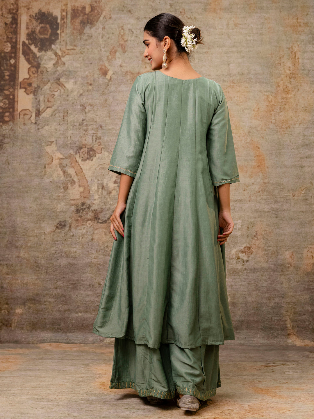 Dhiyona VV Women's Embroidered Silk Blend Calf Length Flare Kurta with Palazzo & Dupatta Set