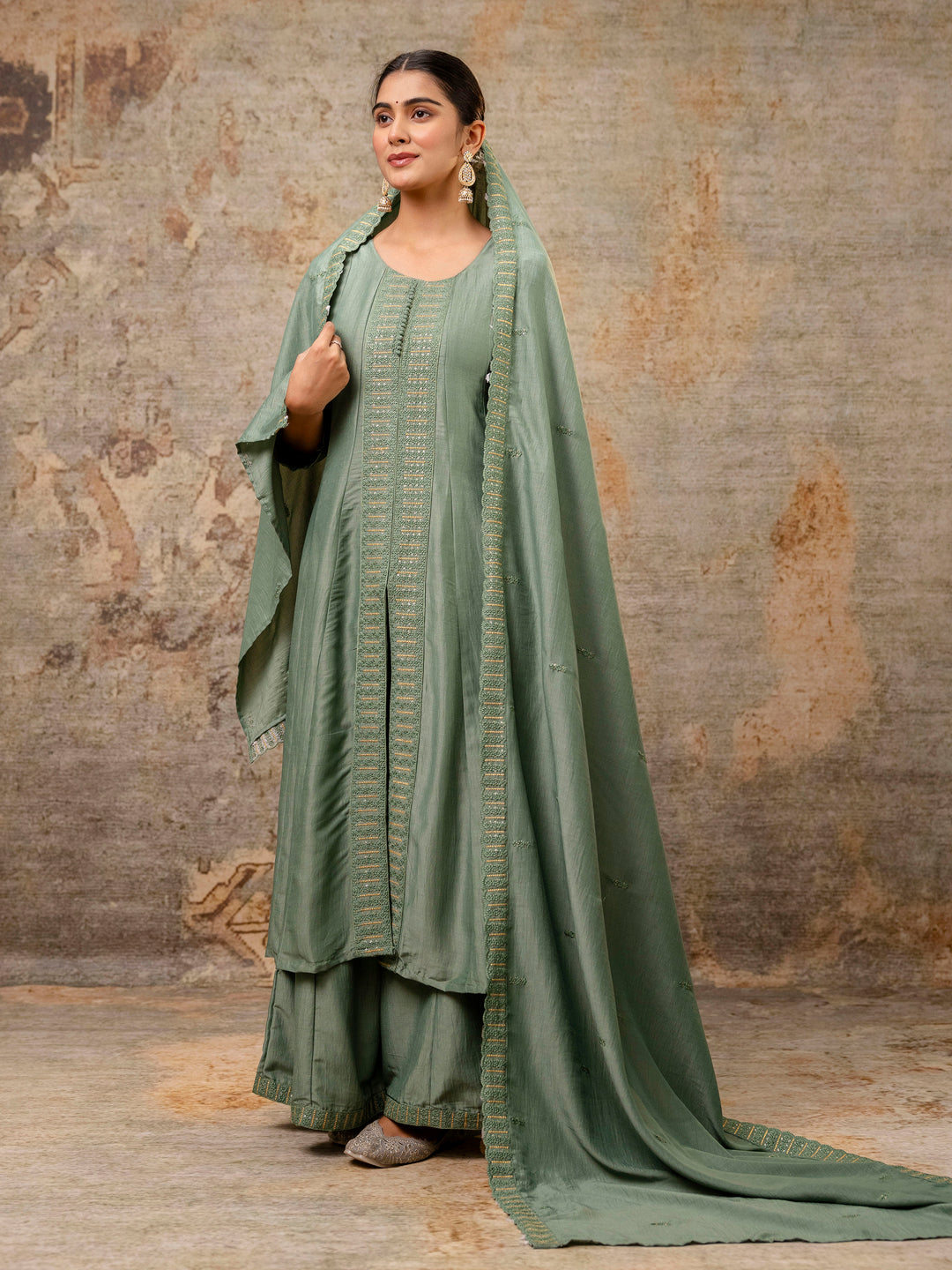 Dhiyona VV Women's Embroidered Silk Blend Calf Length Flare Kurta with Palazzo & Dupatta Set