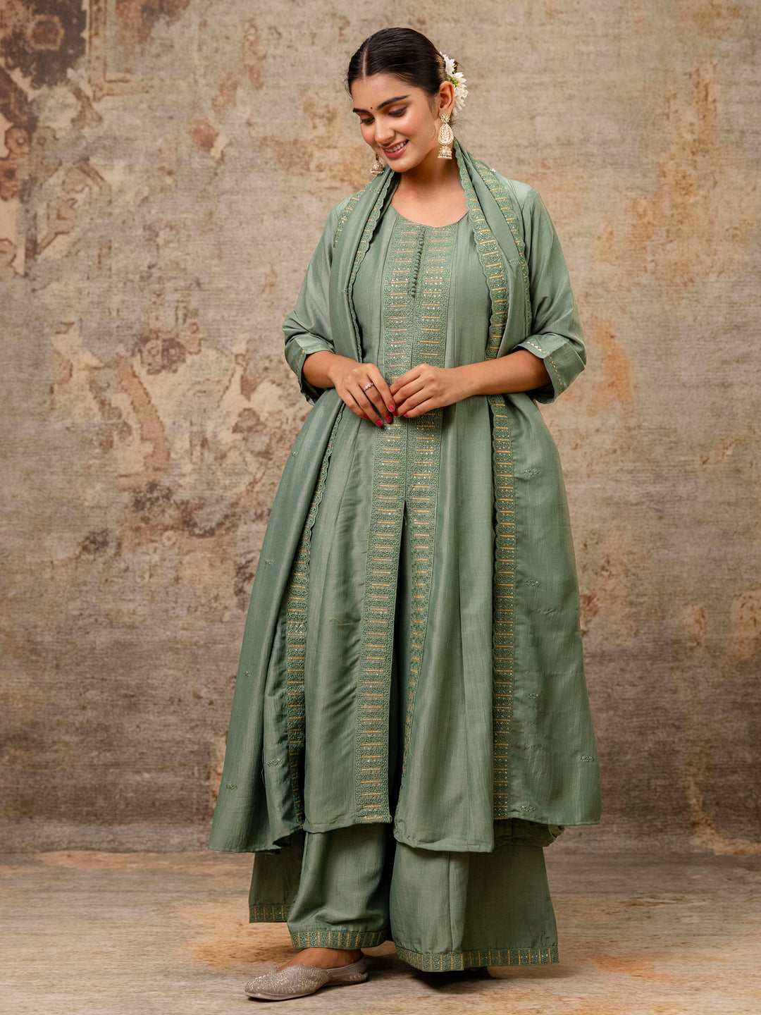 Dhiyona VV Women's Embroidered Silk Blend Calf Length Flare Kurta with Palazzo & Dupatta Set