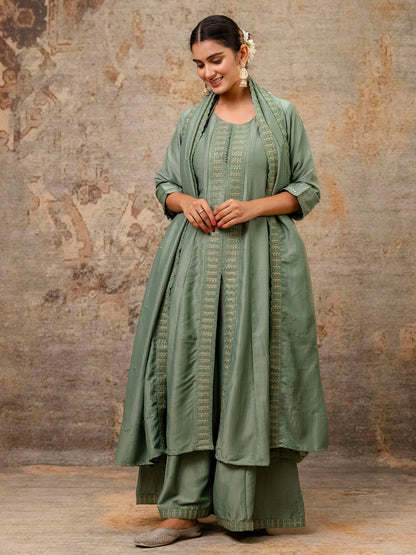 Dhiyona VV Women's Embroidered Silk Blend Calf Length Flare Kurta with Palazzo & Dupatta Set
