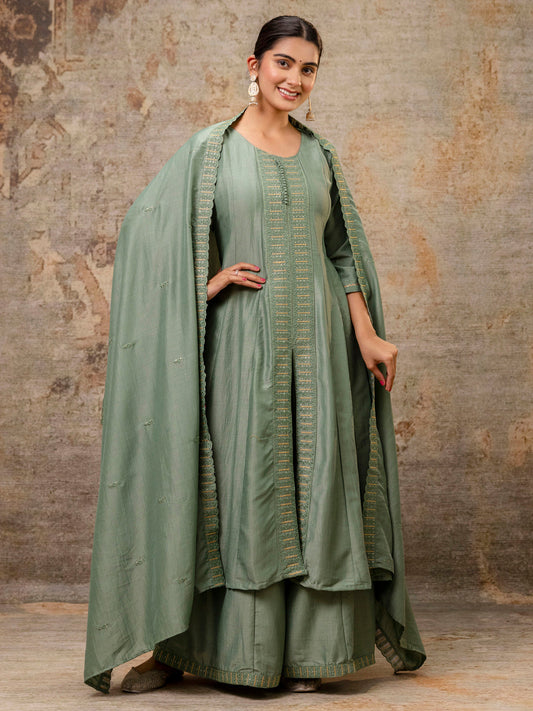 Dhiyona VV Women's Embroidered Silk Blend Calf Length Flare Kurta with Palazzo & Dupatta Set