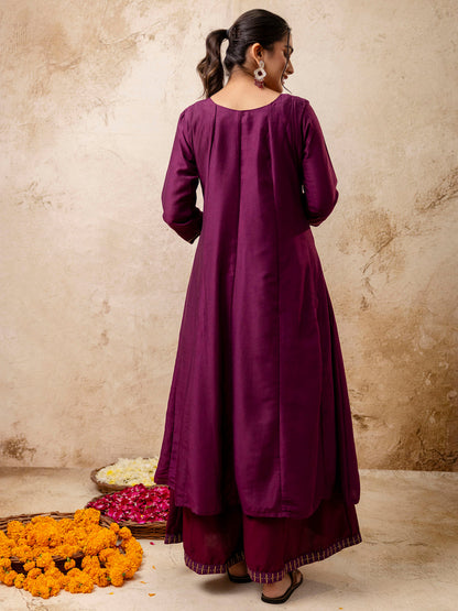 Dhiyona VV Women's Embroidered Silk Blend Calf Length Flare Kurta with Palazzo & Dupatta Set