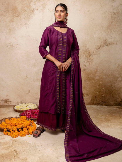Dhiyona VV Women's Embroidered Silk Blend Calf Length Flare Kurta with Palazzo & Dupatta Set