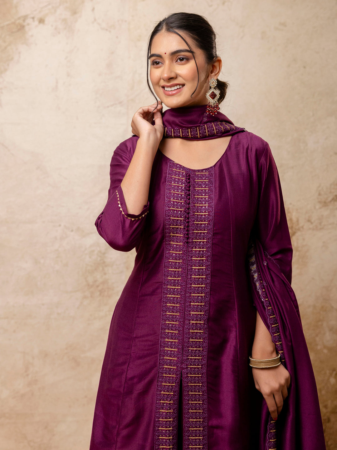 Dhiyona VV Women's Embroidered Silk Blend Calf Length Flare Kurta with Palazzo & Dupatta Set