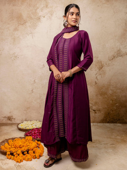 Dhiyona VV Women's Embroidered Silk Blend Calf Length Flare Kurta with Palazzo & Dupatta Set