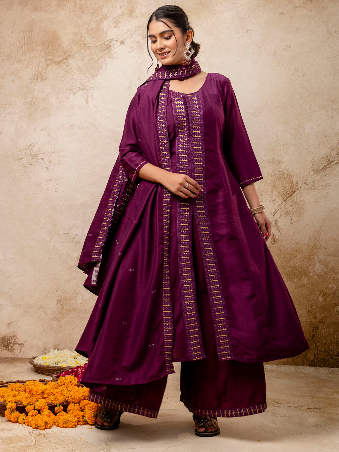 Dhiyona VV Women's Embroidered Silk Blend Calf Length Flare Kurta with Palazzo & Dupatta Set