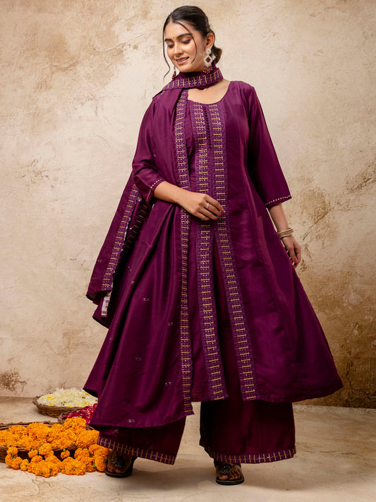 Dhiyona VV Women's Embroidered Silk Blend Calf Length Flare Kurta with Palazzo & Dupatta Set