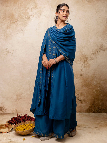 Dhiyona VV Women's Embroidered Silk Blend Calf Length Flare Kurta with Palazzo & Dupatta Set