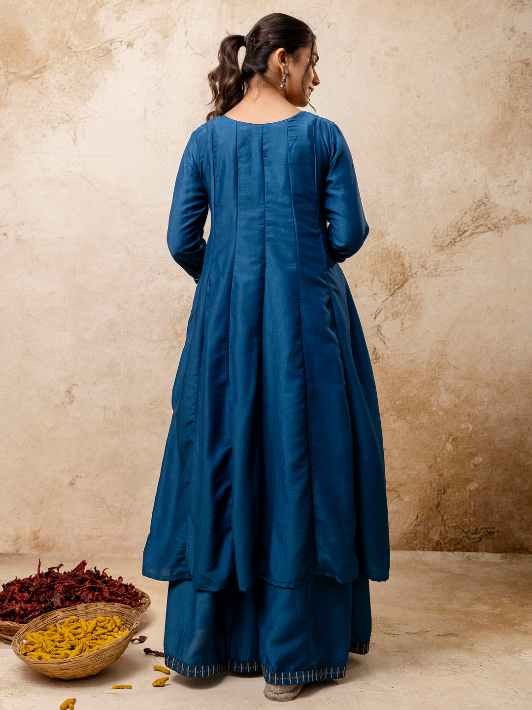 Dhiyona VV Women's Embroidered Silk Blend Calf Length Flare Kurta with Palazzo & Dupatta Set