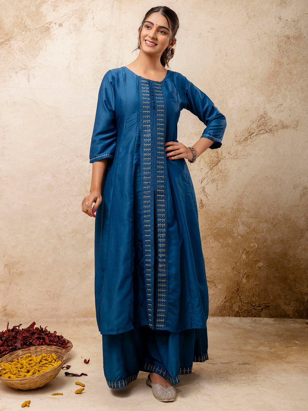 Dhiyona VV Women's Embroidered Silk Blend Calf Length Flare Kurta with Palazzo & Dupatta Set