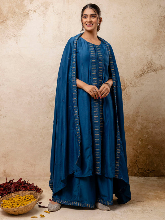 Dhiyona VV Women's Embroidered Silk Blend Calf Length Flare Kurta with Palazzo & Dupatta Set