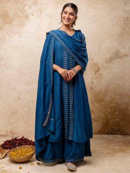 Dhiyona VV Women's Embroidered Silk Blend Calf Length Flare Kurta with Palazzo & Dupatta Set