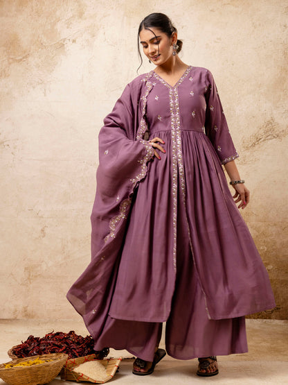 Dhiyona VV Women's Embroidered Silk Blend Calf Length Flare Kurta with Palazzo & Dupatta Set