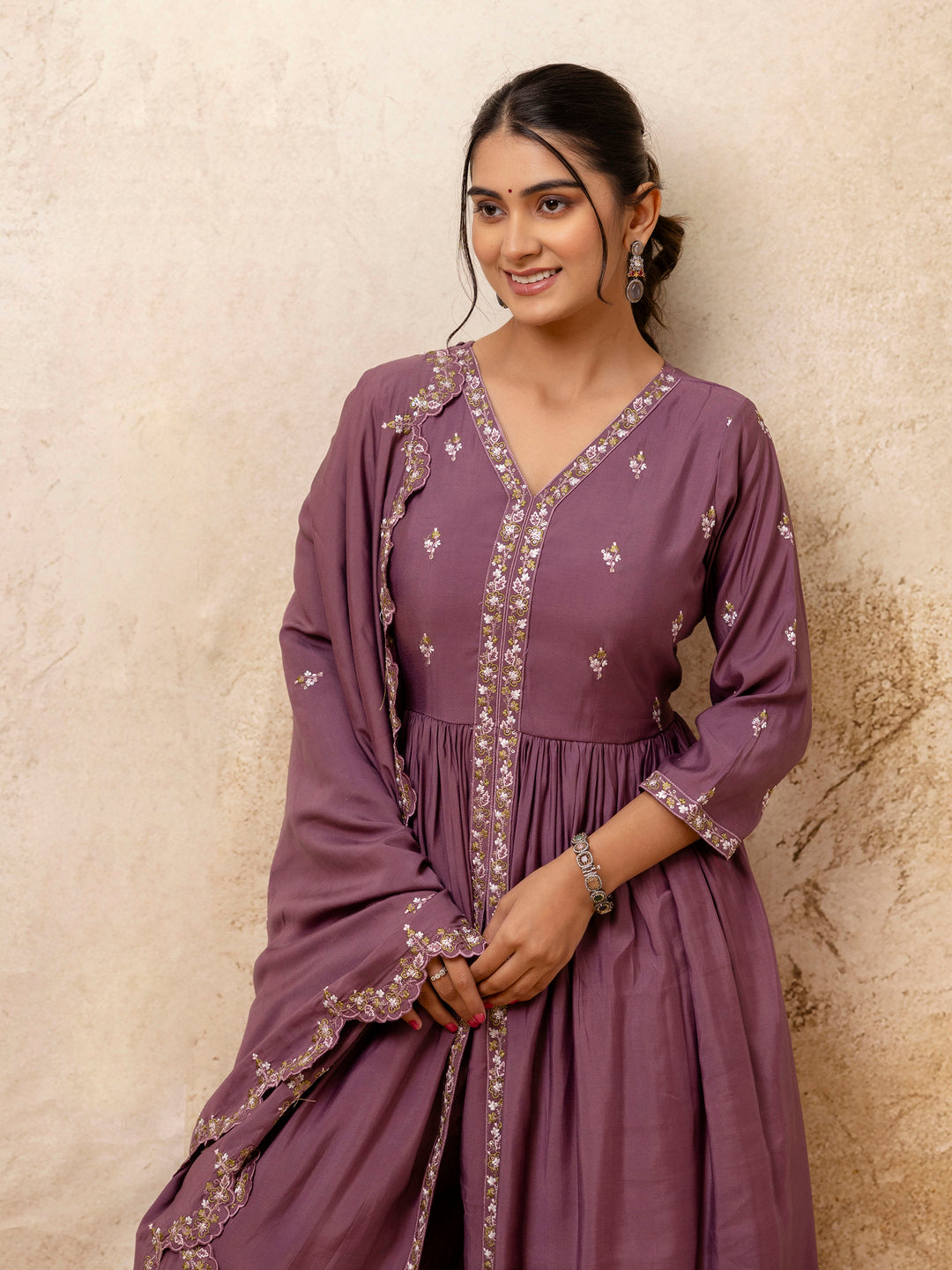 Dhiyona VV Women's Embroidered Silk Blend Calf Length Flare Kurta with Palazzo & Dupatta Set