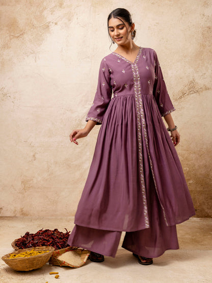 Dhiyona VV Women's Embroidered Silk Blend Calf Length Flare Kurta with Palazzo & Dupatta Set