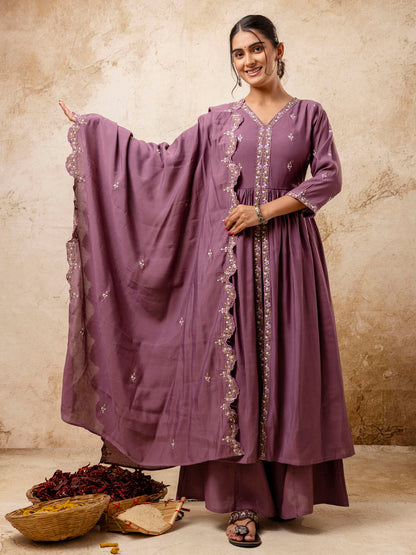 Dhiyona VV Women's Embroidered Silk Blend Calf Length Flare Kurta with Palazzo & Dupatta Set