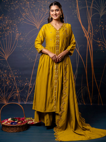 Dhiyona VV Women's Embroidered Silk Blend Calf Length Flare Kurta with Palazzo & Dupatta Set