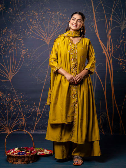 Dhiyona VV Women's Embroidered Silk Blend Calf Length Flare Kurta with Palazzo & Dupatta Set