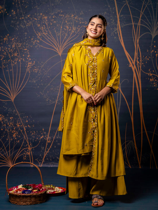 Dhiyona VV Women's Embroidered Silk Blend Calf Length Flare Kurta with Palazzo & Dupatta Set
